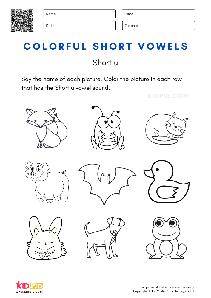 Short Vowels Coloring Worksheets for Kids