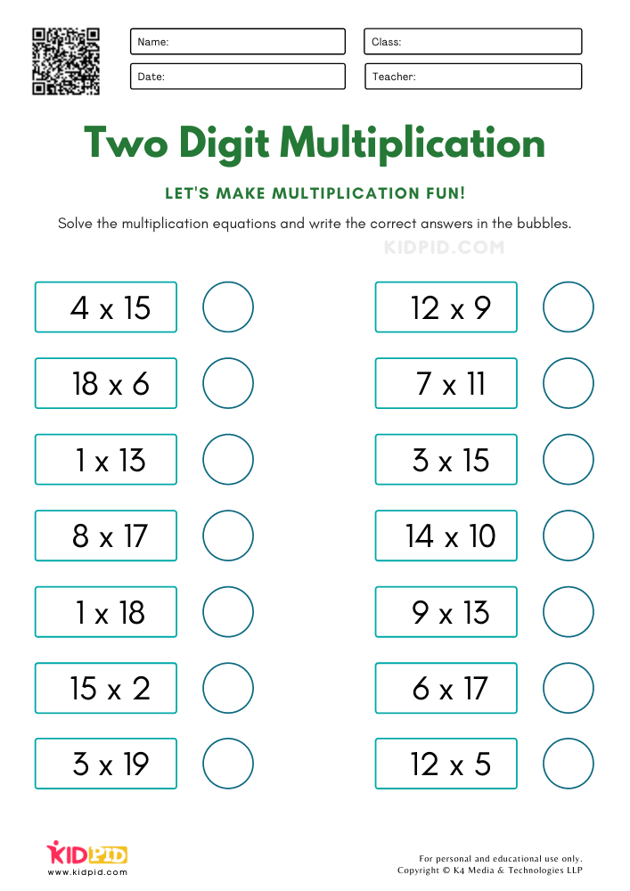 WORKSHEET 5 Two Digit Multiplication Worksheets for Kids