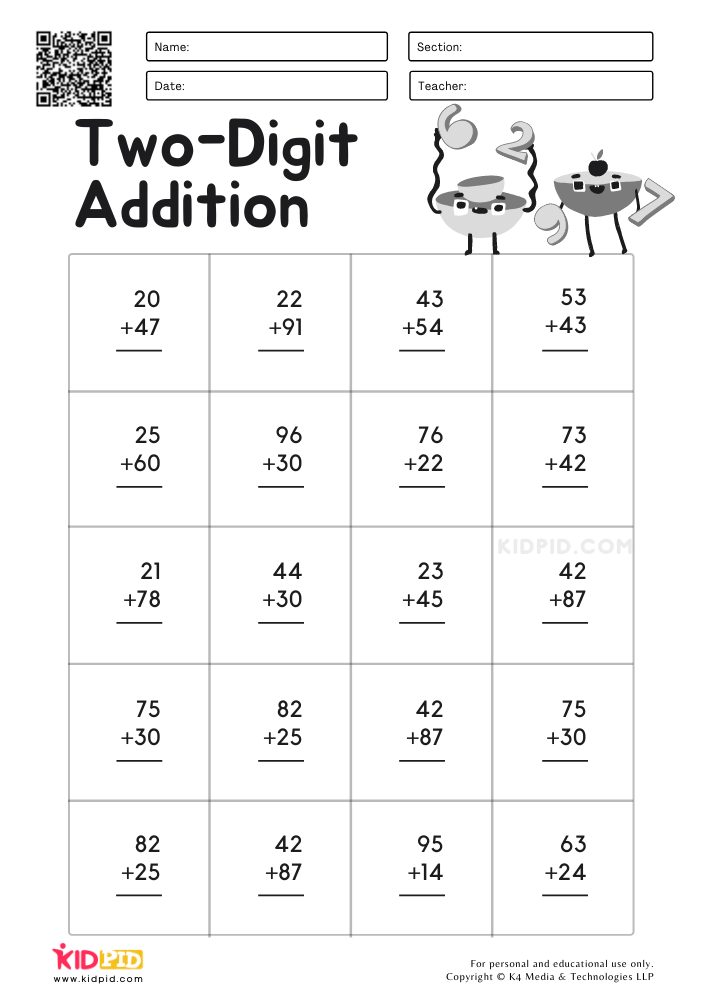 Two-digit Addition Math Worksheets for Kids