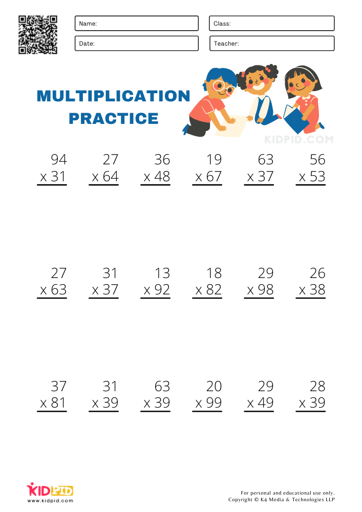 Double Digit Multiplication Sums Practice Worksheets for Kids