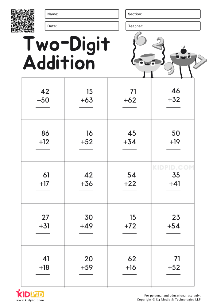 Two-digit Addition Math Worksheets for Kids