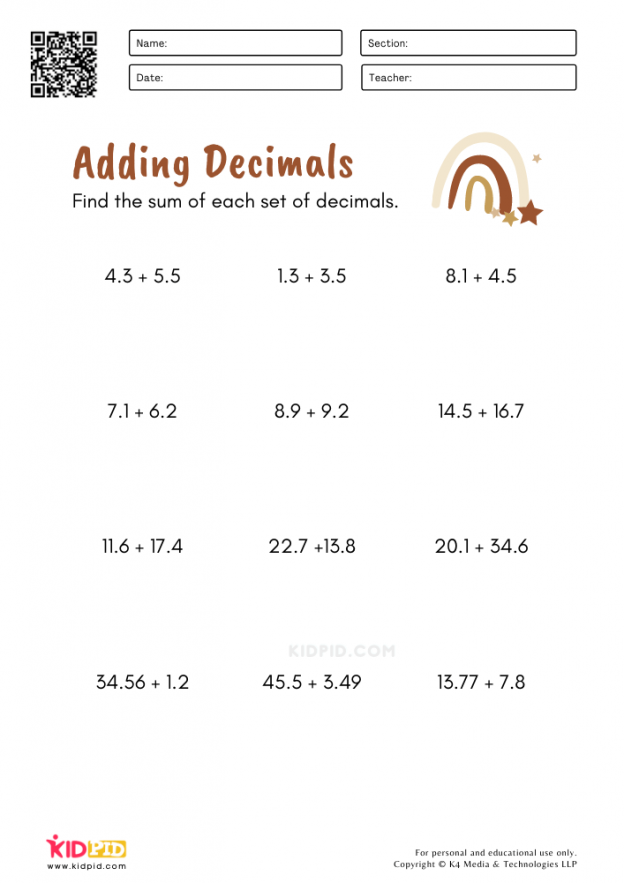 Adding Decimals Math Worksheets - Kidpid