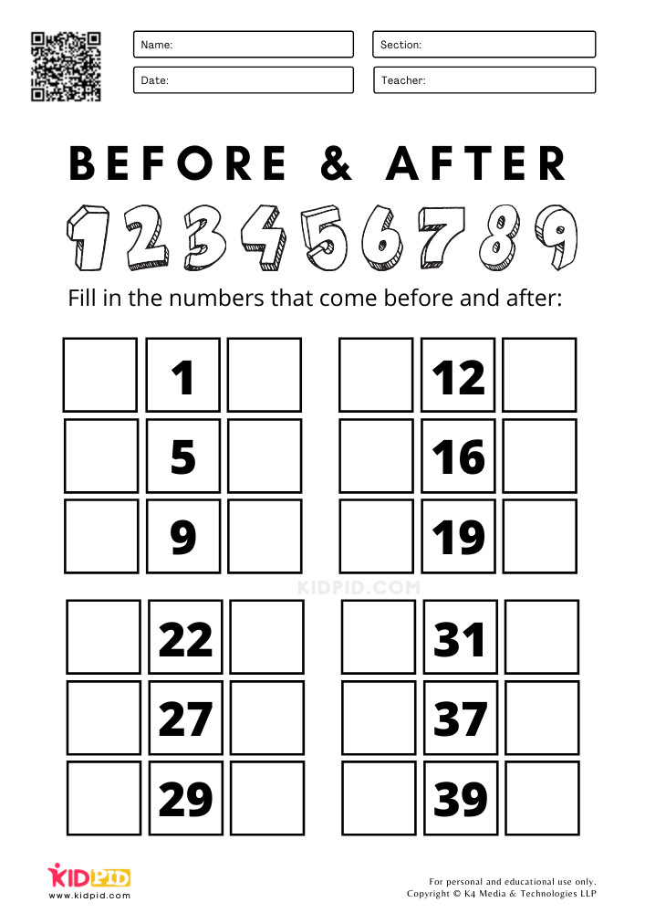 Before and After Numbers Worksheets for Kids - Kidpid
