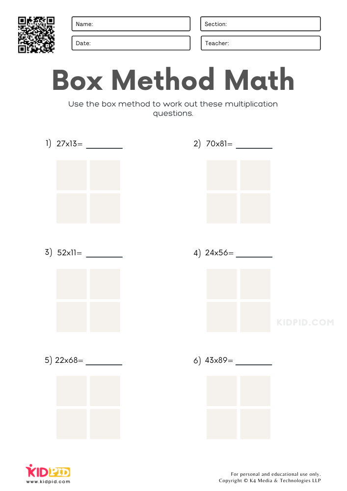 Box Method Multiplication Worksheet printables