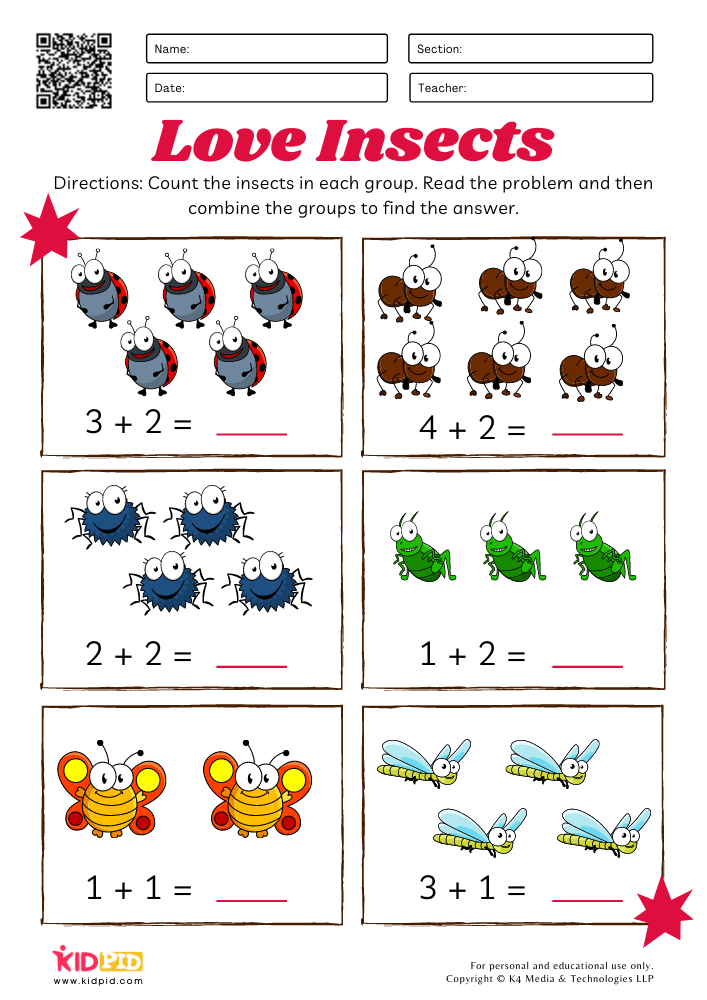 Colorful Insects Basic Addition Worksheets for Kids