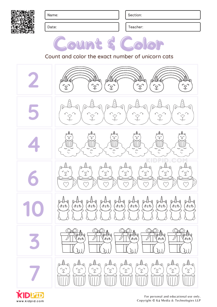 Count &amp; Color Unicorn Cats Worksheets for Kids