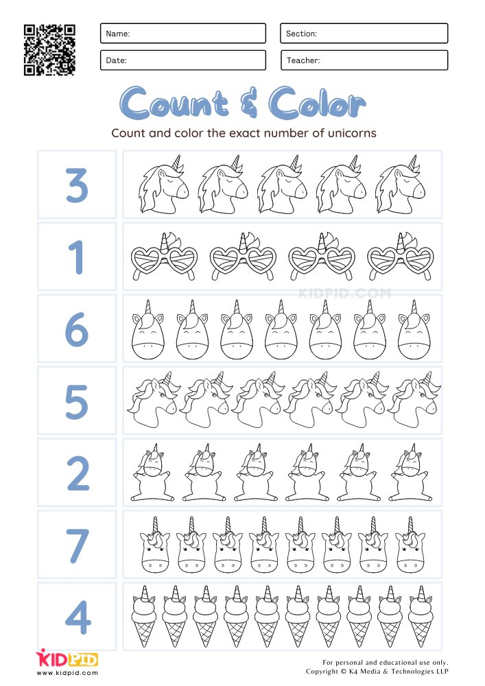 Count &amp; Color Unicorn Worksheets for Kids