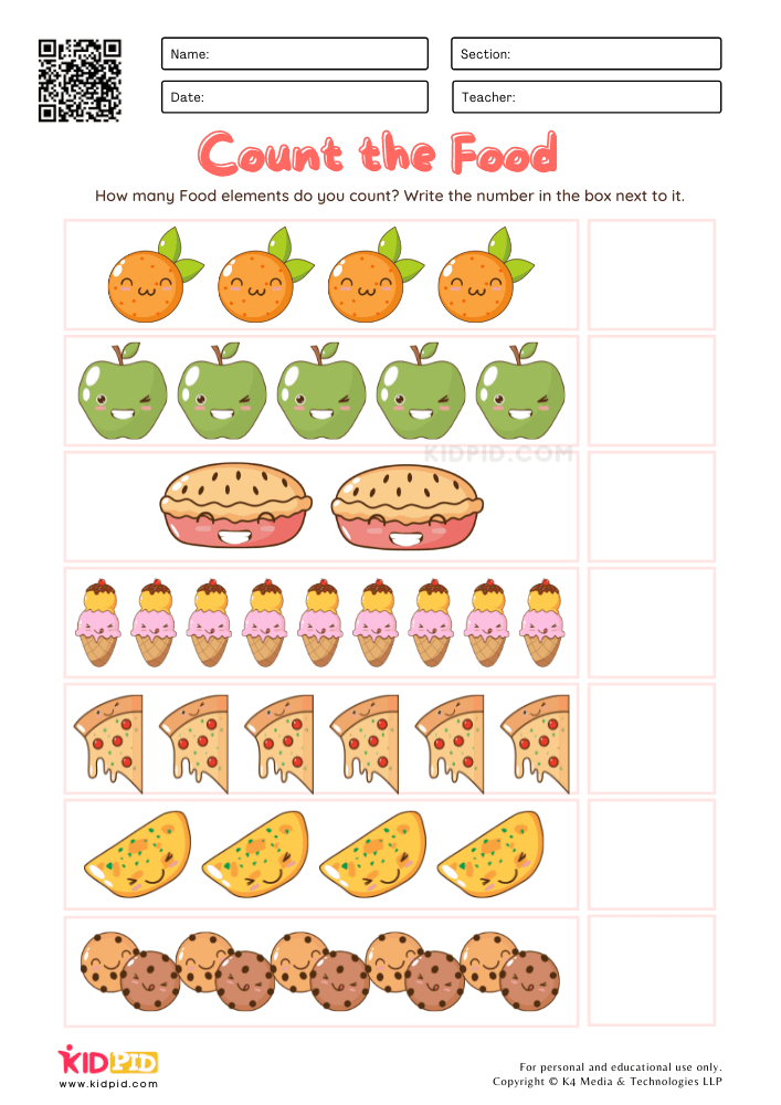 Count the Food Worksheets for Kids