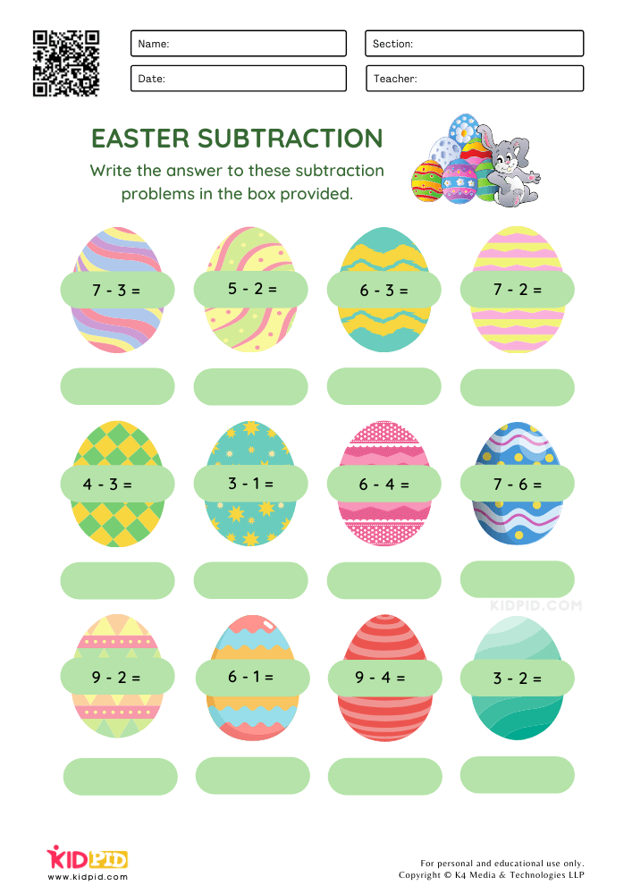 Easter Subtraction Worksheets for Kids
