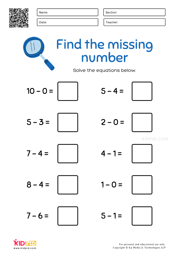 WORKSHEET 1 'Find the missing number' Subtraction Worksheets for Kids