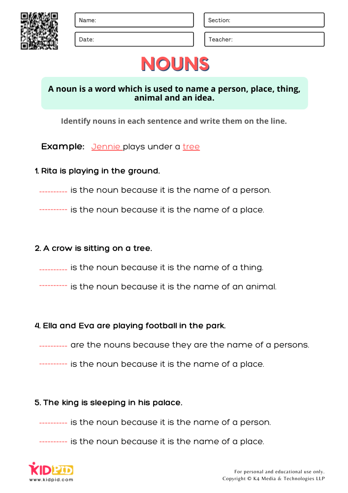 Identify &amp; Write Noun Worksheets for Grade 1