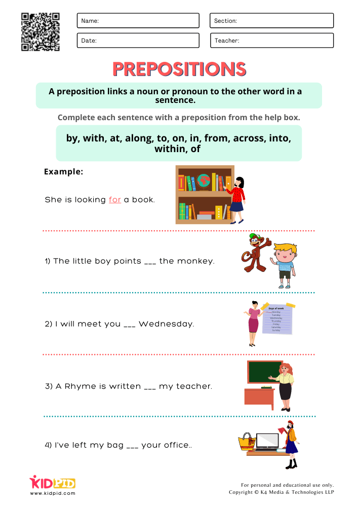 WORKSHEET 1 Identify Correct Prepositions Worksheets for Grade 1