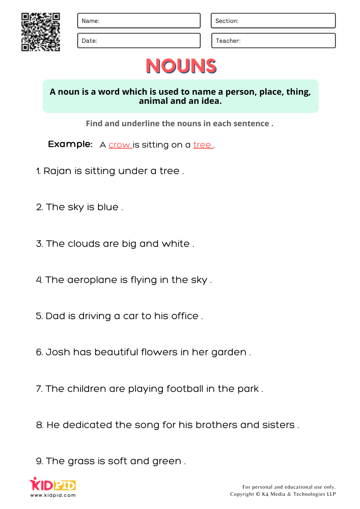 Identifying Nouns in Sentences Worksheets for Grade 1