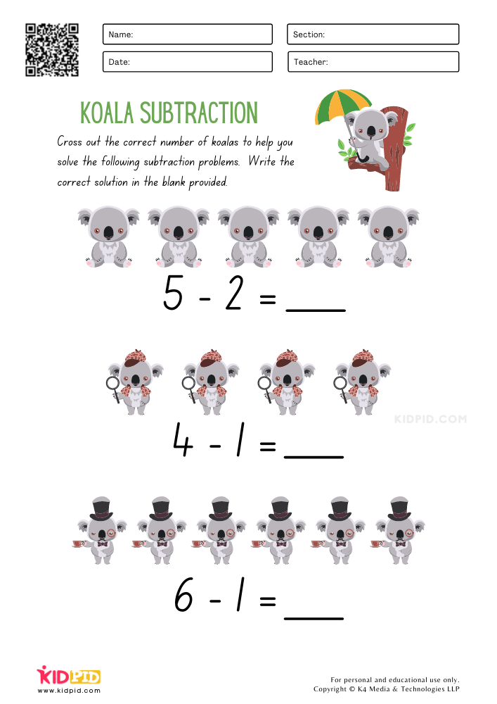 Koala Subtraction Worksheets for Kindergarten