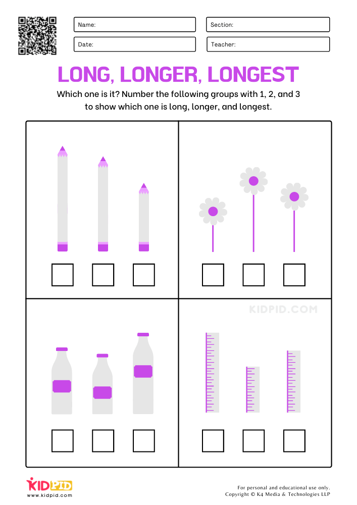 Length Comparison Printable Worksheets for Kindergarten