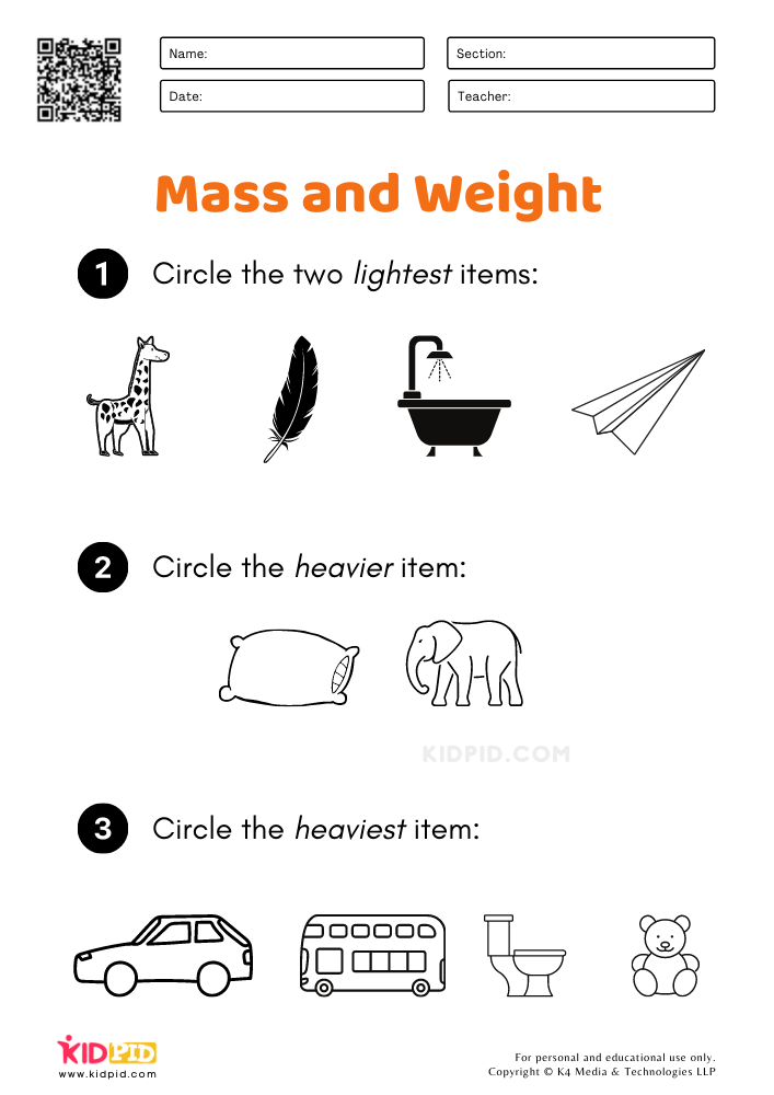 Mass and Weight Math Worksheets for Grade 1 - Kidpid