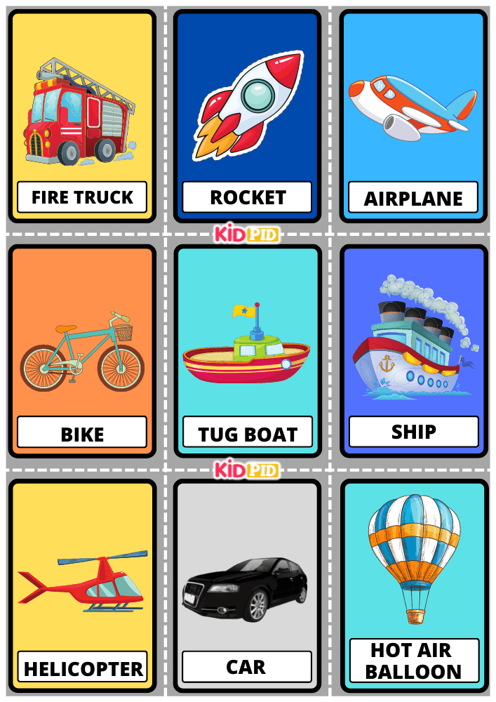 Modes of Transportation Flashcard Sheets