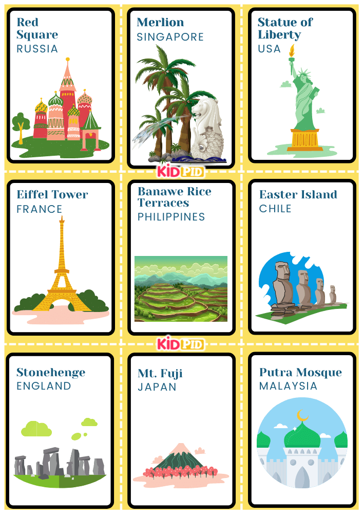World Landmarks Handdrawn Flashcard Sheets