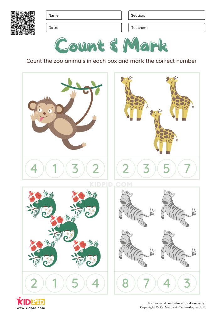 Zoo Animal Counting Numbers Worksheets for Kids