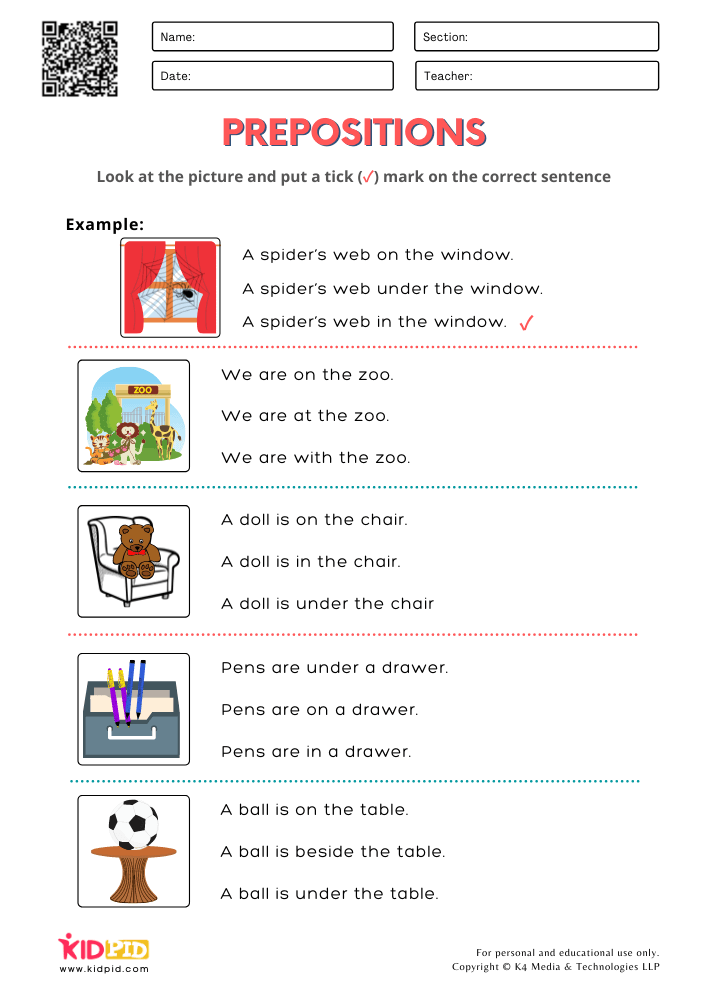 WORKSHEET 10 Identify Correct Prepositions Worksheets for Grade 1