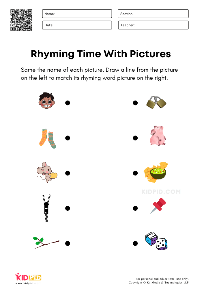 Matching Rhyming Words Worksheets for Kindergarten