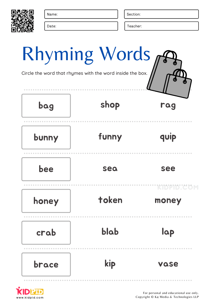Rhyming Word Worksheets for Kids - Kidpid