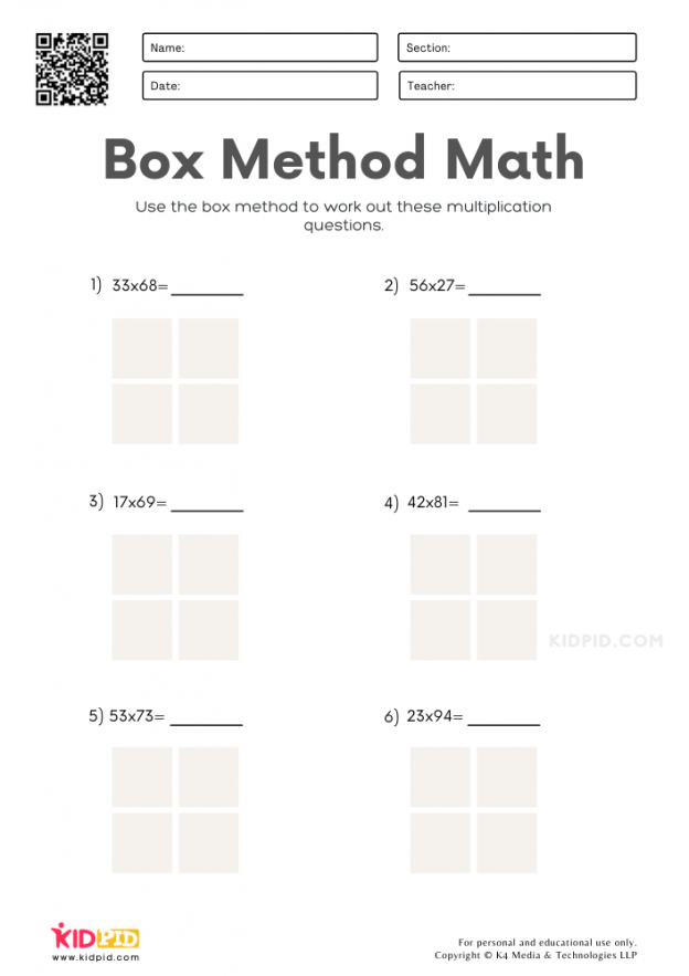 Two By Two Digit Multiplication With Boxes Worksheets