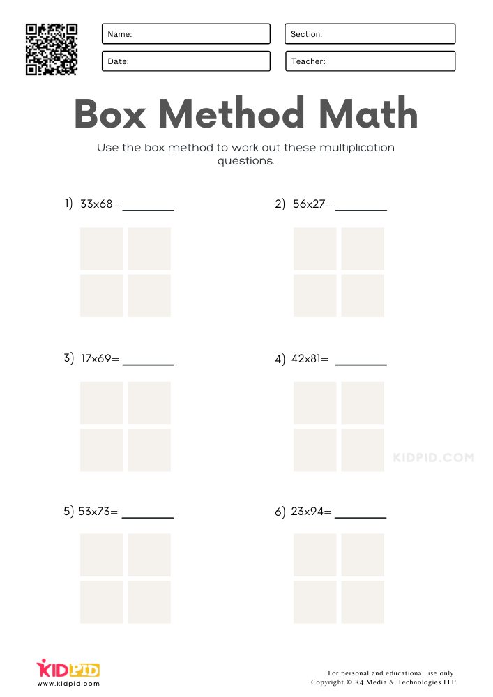 Box Method Multiplication Worksheet printables - 4th grade- 2 digit by 2 digit multiplication box method worksheets