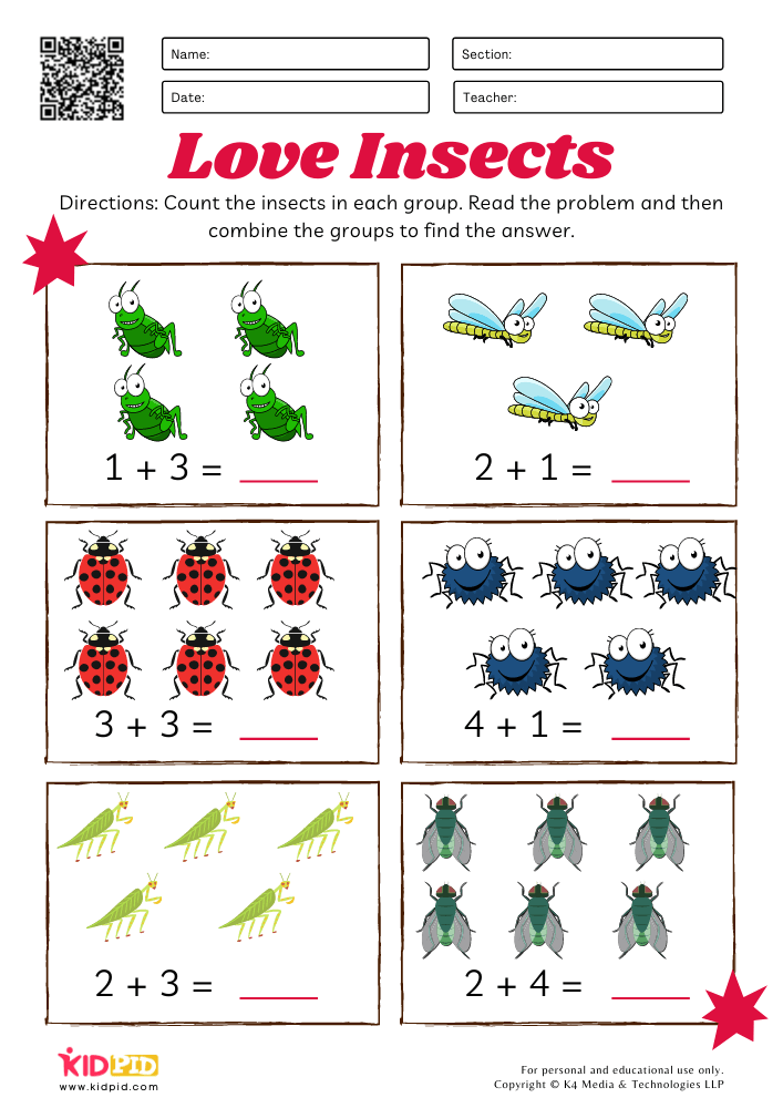Colorful Insects Basic Addition Worksheets for Kids