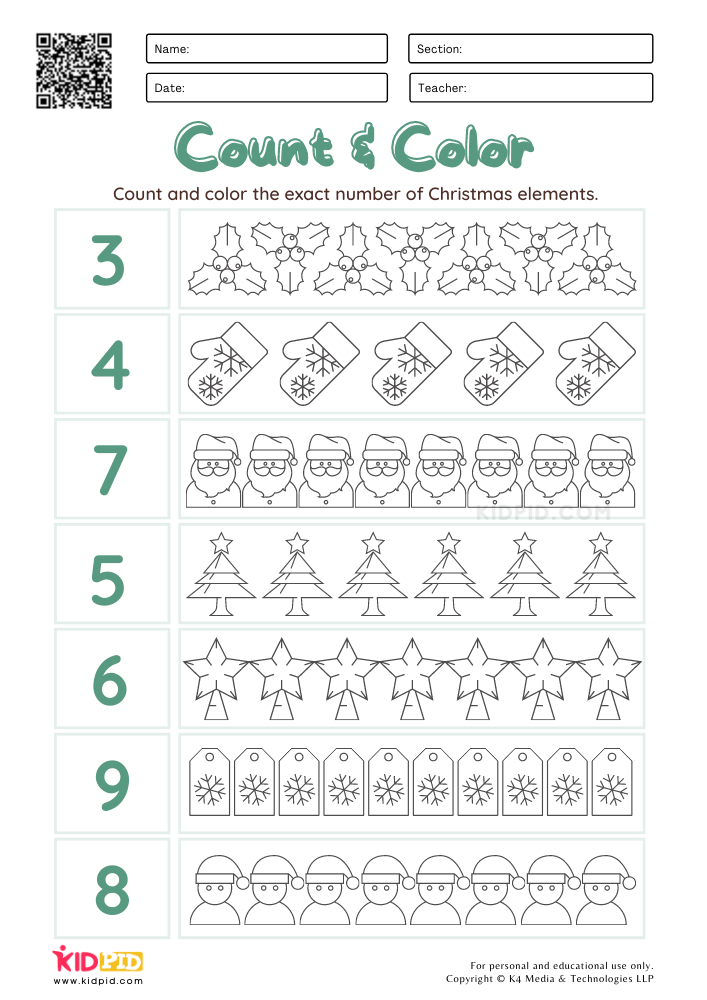 Count &amp; Color Christmas Worksheets for Kids