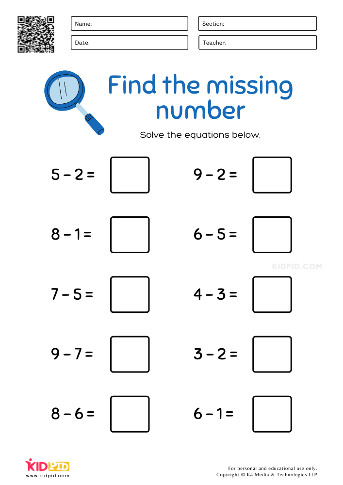 WORKSHEET 2 'Find the missing number' Subtraction Worksheets for Kids