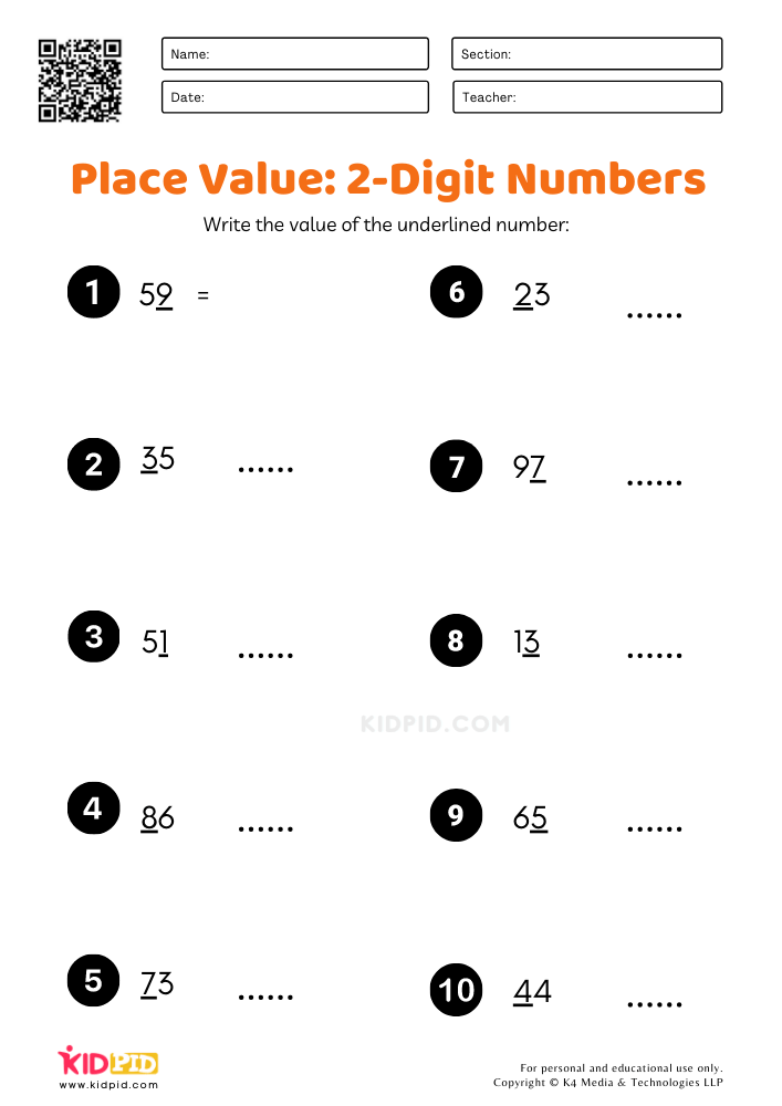 Find Value of Underlined Number (2-Digit)- Worksheets for Grade 1