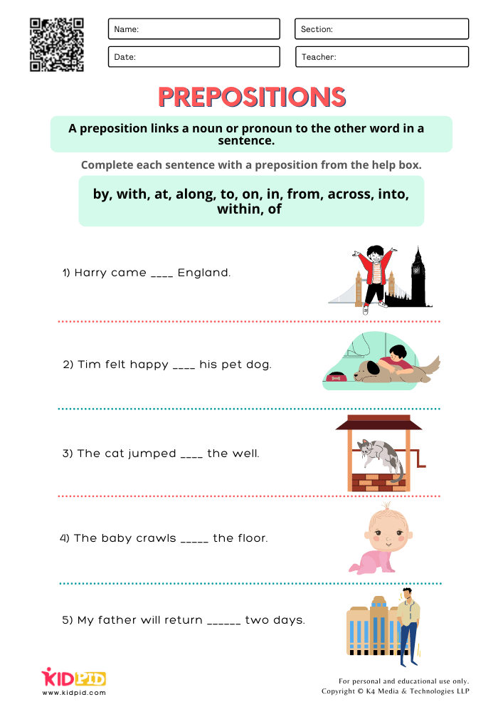 WORKSHEET 2 Identify Correct Prepositions Worksheets for Grade 1