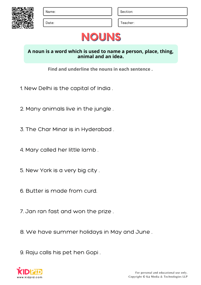 Identifying Nouns In Sentences Worksheets For Grade 1 Kidpid