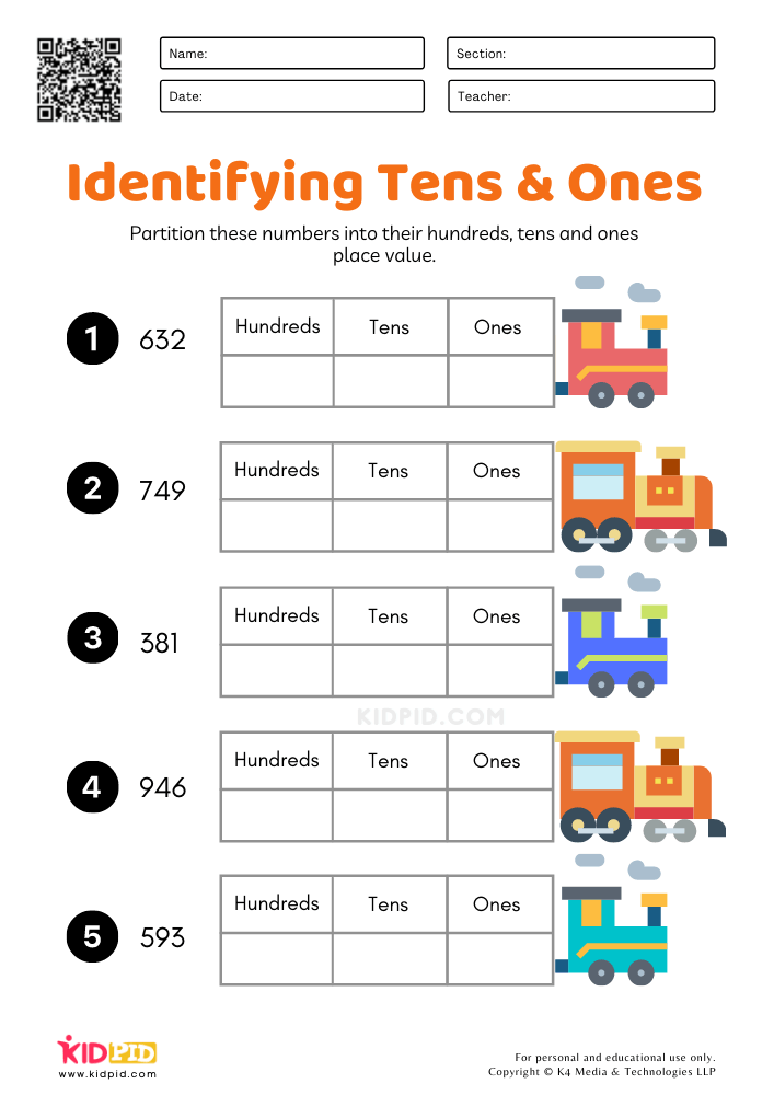 Identifying Tens &amp; Ones Worksheets for Kids (Grade 2)