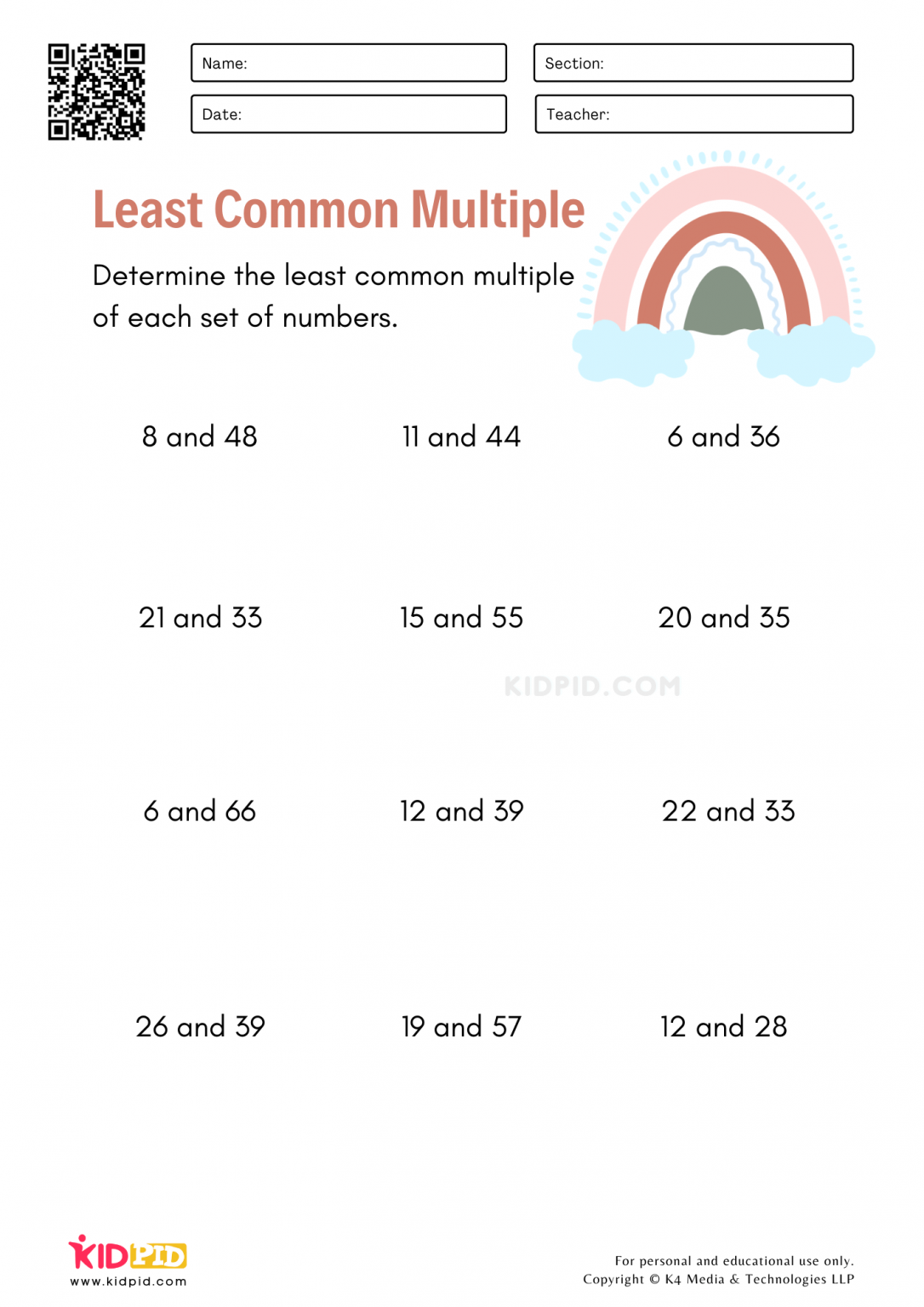 Least Common Multiple Worksheets For 3rd Grade