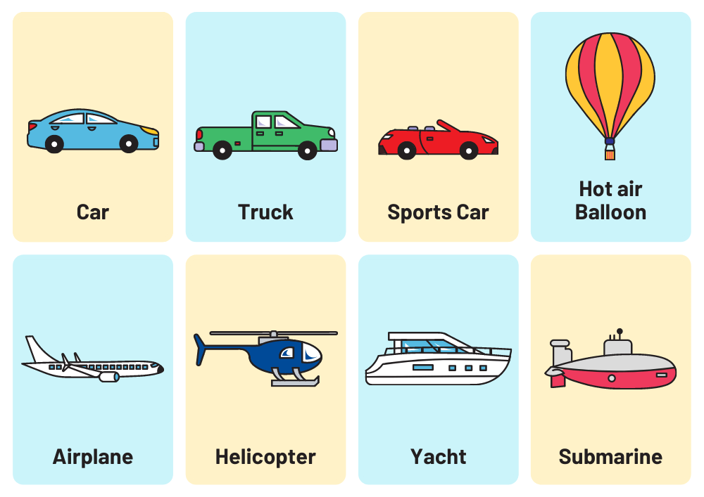 Modes of Transportation Lined Illustration Flashcard Sheets