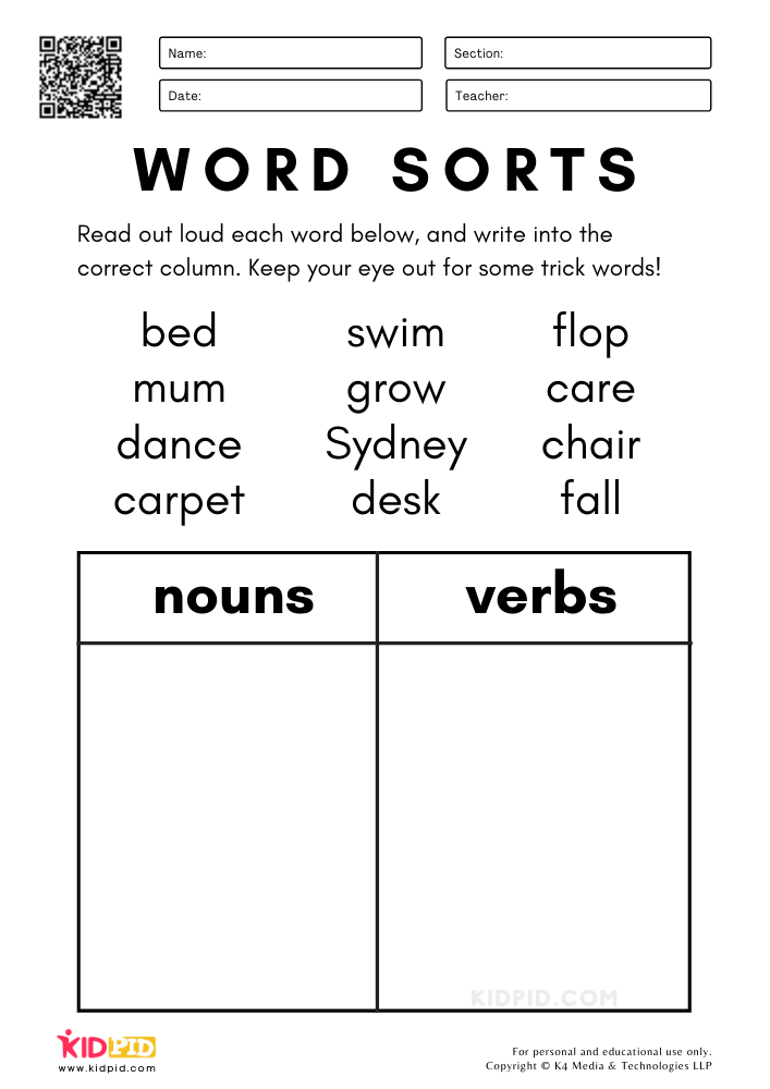 Word Sorts Nouns And Verbs Worksheets For Kids Kidpid