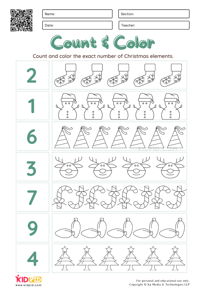 Count &amp; Color Christmas Worksheets for Kids