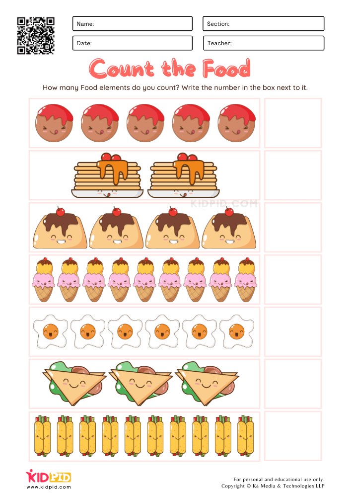 Count the Food Worksheets for Kids