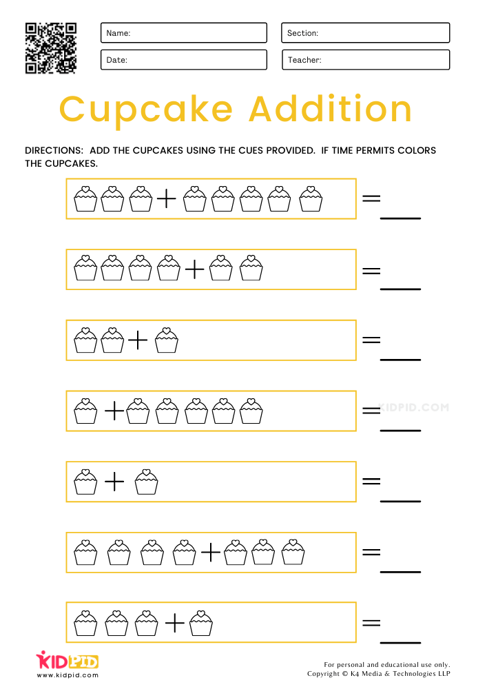 Cupcake Addition Worksheets for Grade 1