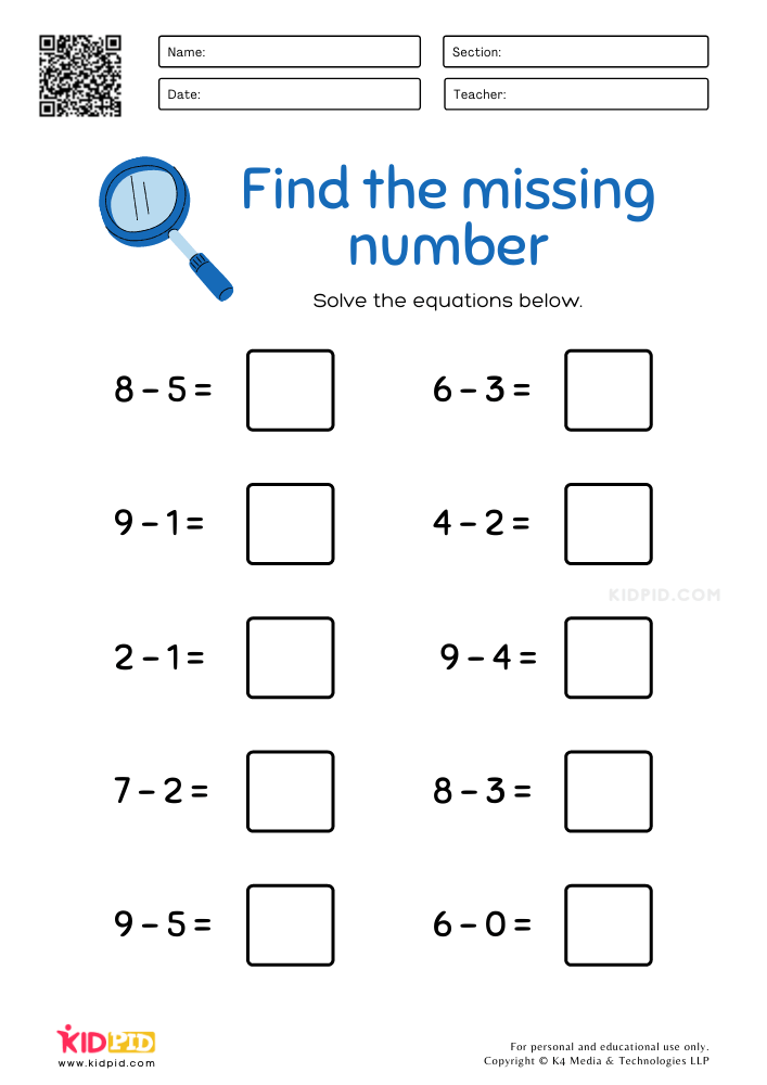WORKSHEET 3 'Find the missing number' Subtraction Worksheets for Kids