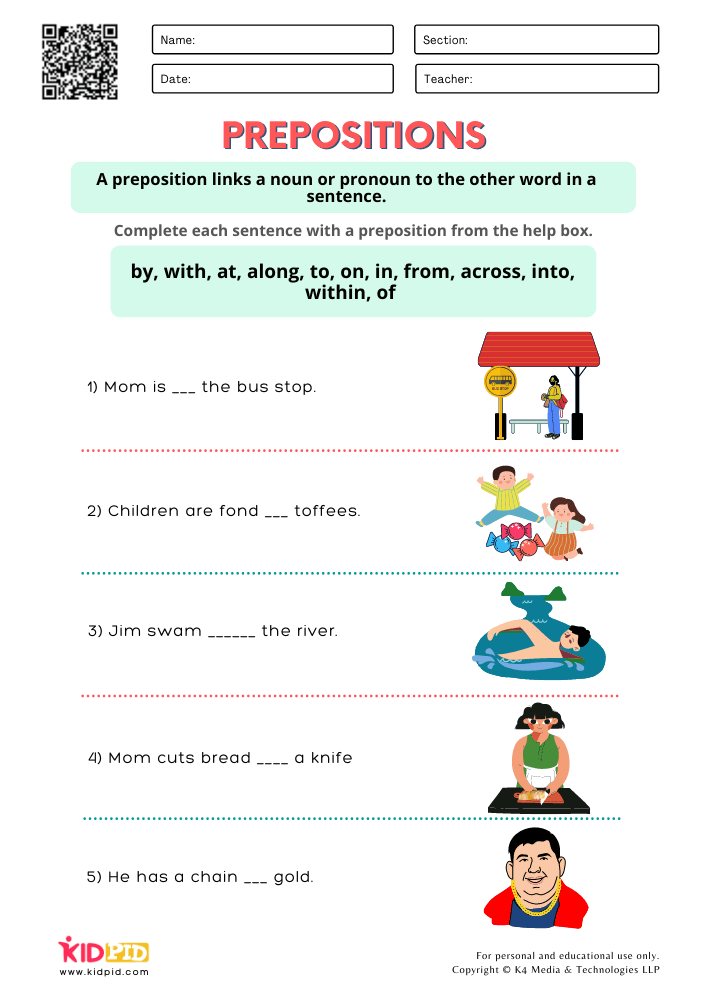 WORKSHEET 3 Identify Correct Prepositions Worksheets for Grade 1