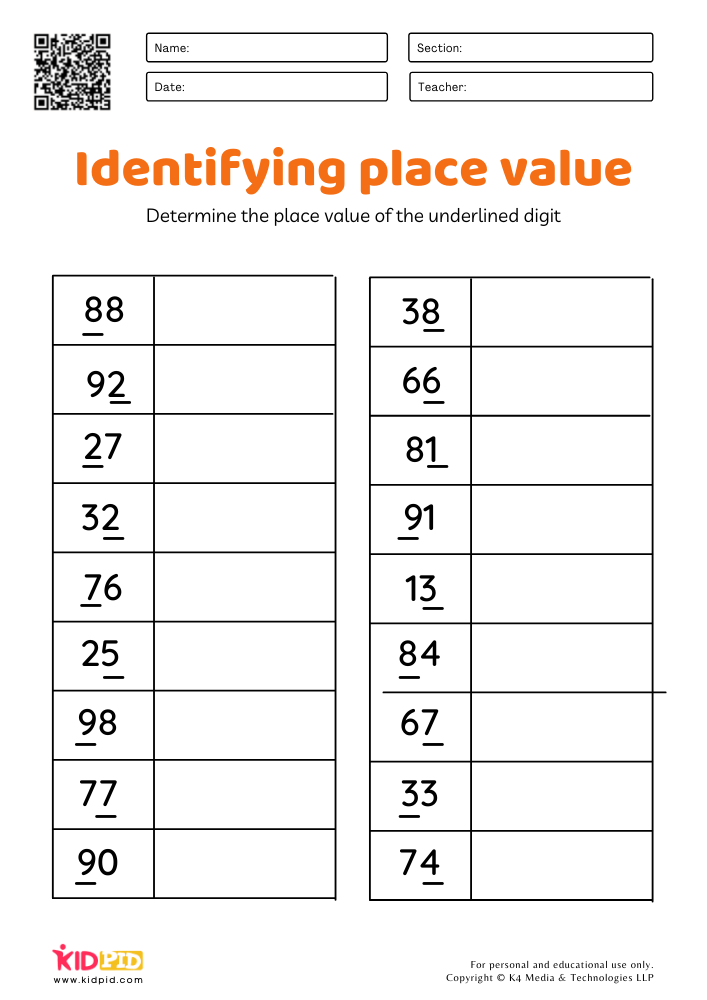Identifying place value worksheets for Grade 1