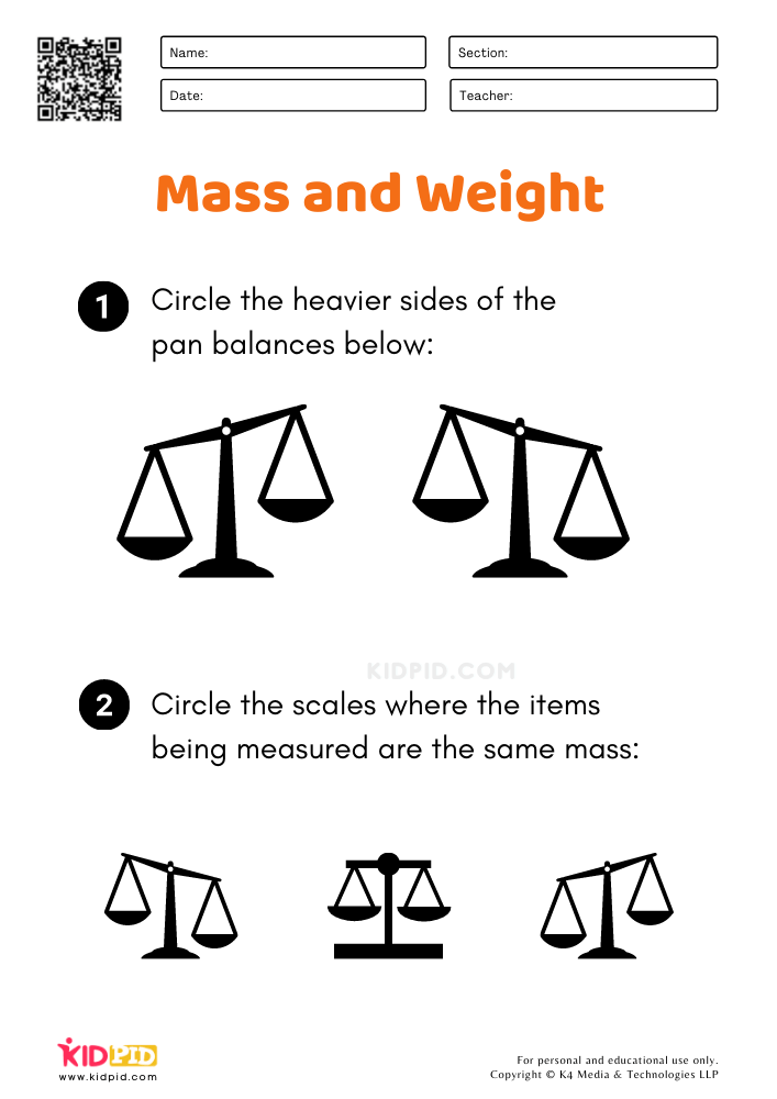 Mass and Weight Math Worksheets for Grade 1