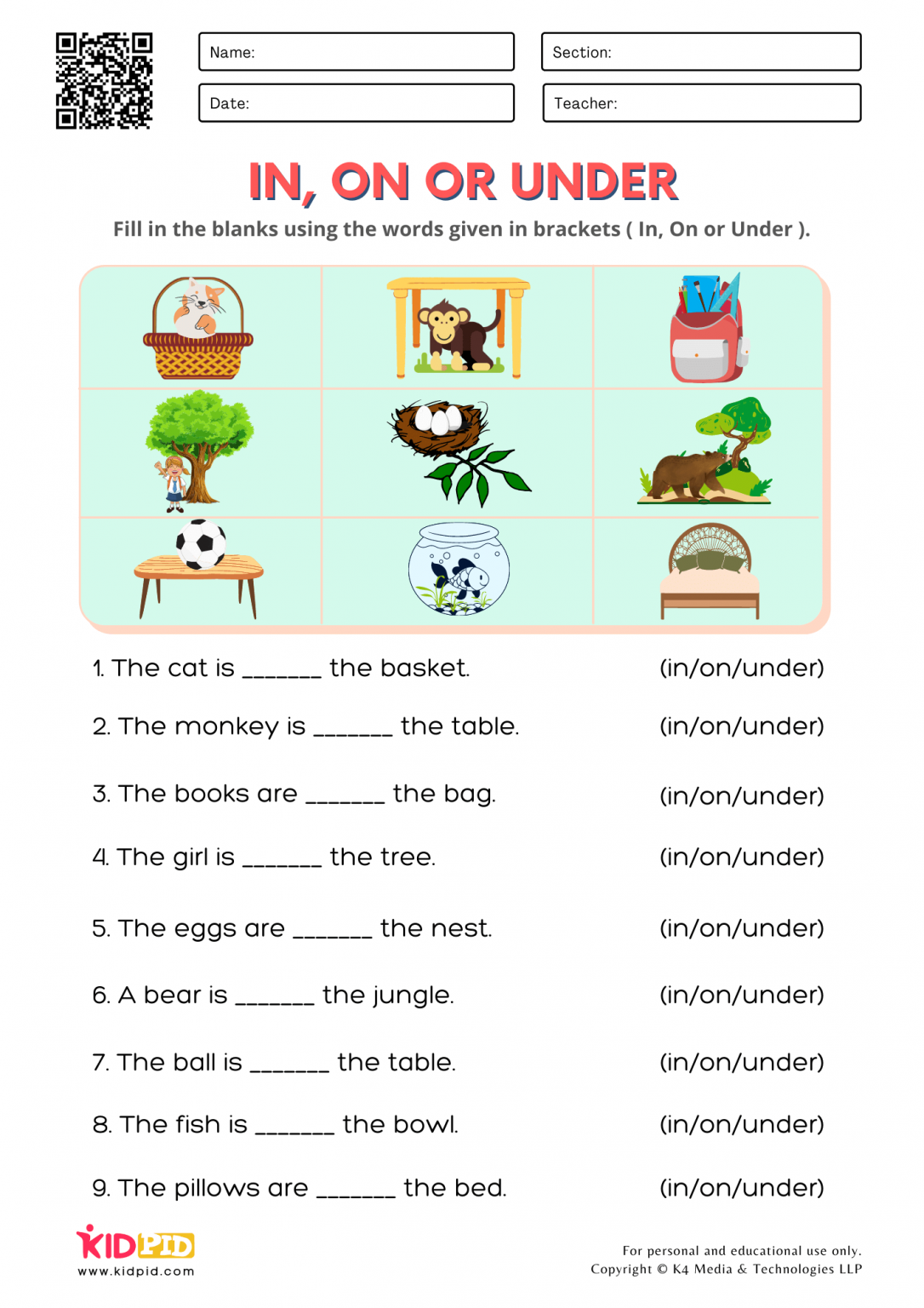 Preposition Worksheets For Kindergarten Kidpid