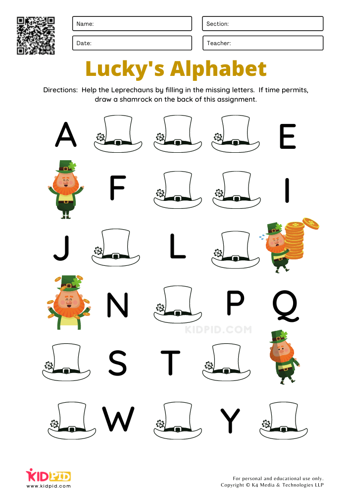 Shamrock Missing Alphabet Practice Worksheets for Kids