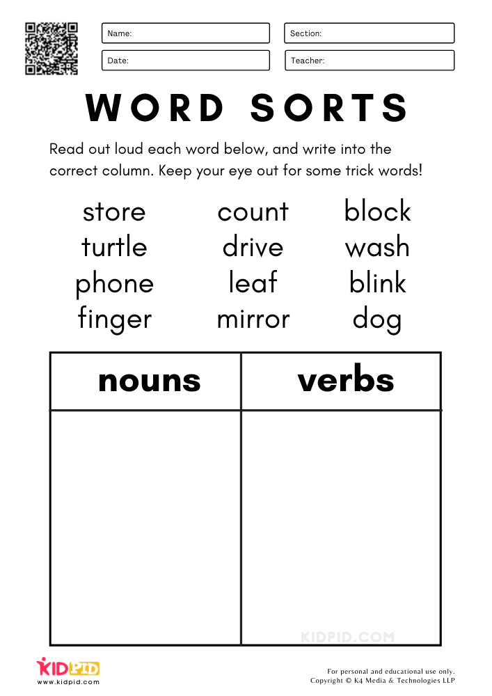 Word Sorts - Nouns and Verbs Worksheets for Kids