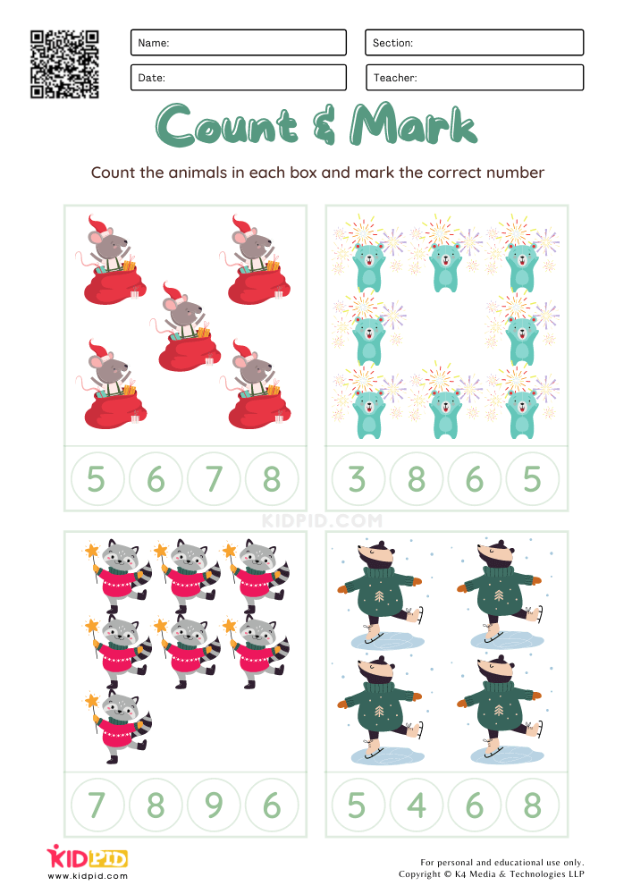 Count &amp; Mark Numbers Christmas Worksheets for Kids