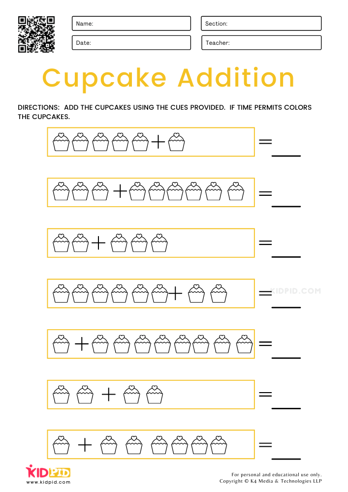 Cupcake Addition Worksheets for Grade 1